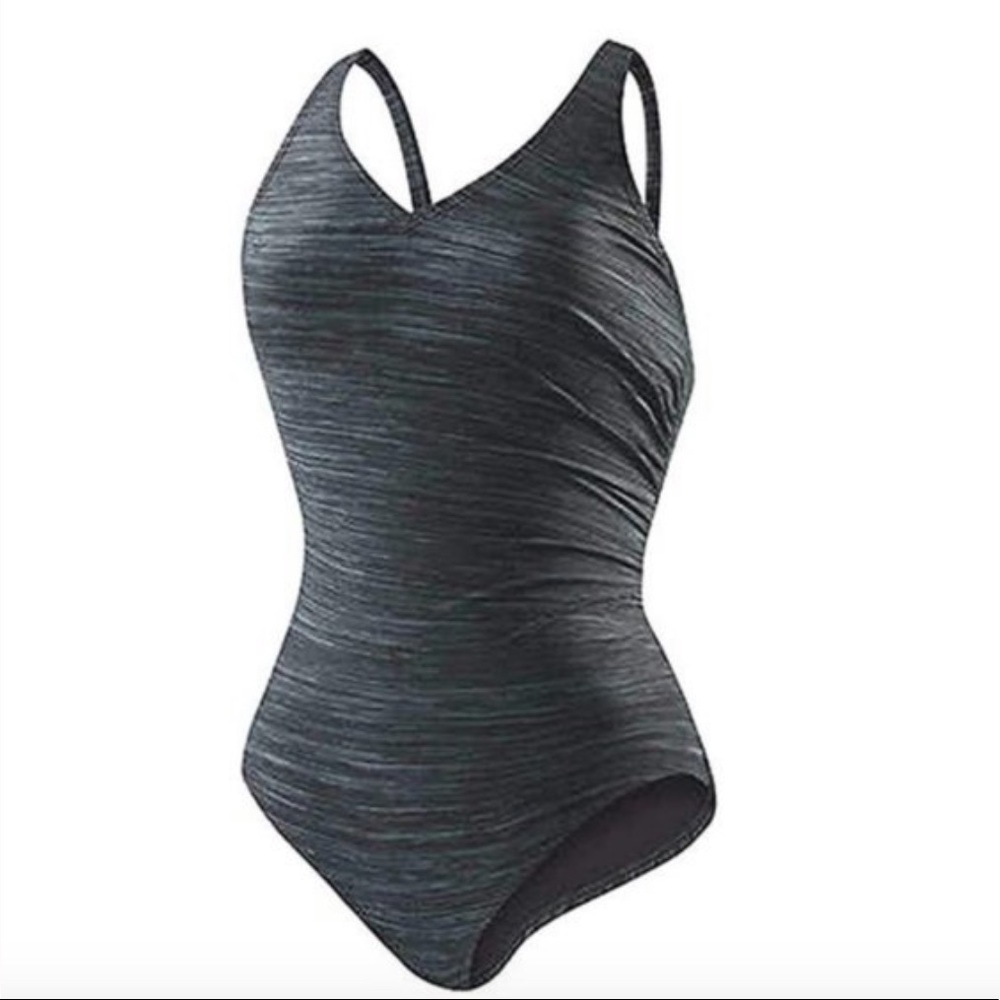 Speedo Women's One Piece Modest Spacedyed Black Gray Swimsuit NEW